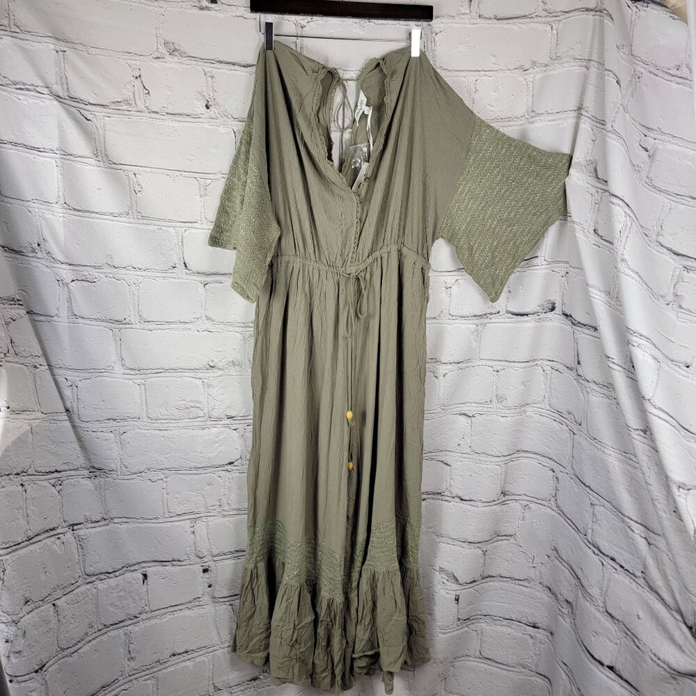 Davi and Dani Wide Leg Maxi Illusion Crop Jumpsuit Olive Green Boho Festival‎